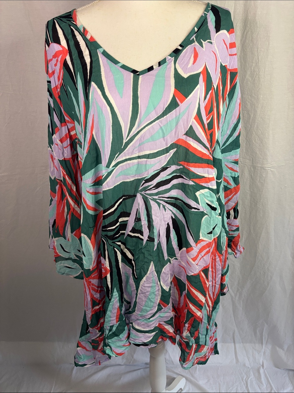 Women’s Tropical Leaf Swim Beachy Cover-Up in Green and Coral (119)